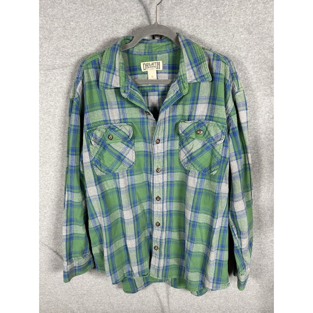 Duluth Trading Co Men's XL Heavyweight Flannel Shirt Green Blue Plaid Cotton